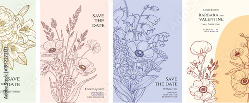 Elegant floral illustrations for save the date cards, featuring delicate botanical designs and soft pastel color palettes