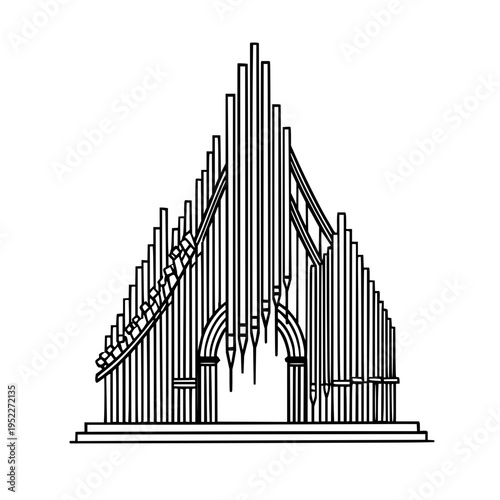 Minimalist line art vector illustration of a classic pipe organ featuring symmetrical vertical pipes and arched base design isolated on a clean white background for print