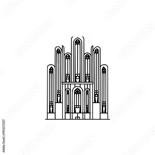 Minimalist pipe organ line art icon featuring a symmetrical architectural design with gothic vertical pipes for musical instrument branding and elegant classical concept art