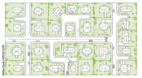 Suburban neighborhood street map with houses and green spaces, Generative AI.