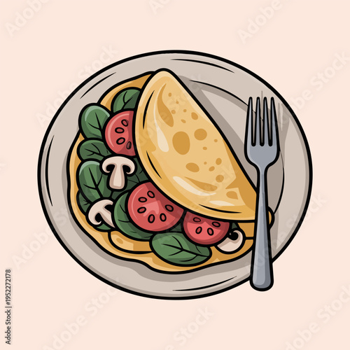 Healthy Egg White Omelette with Spinach Tomatoes and Mushrooms on Plate Illustration