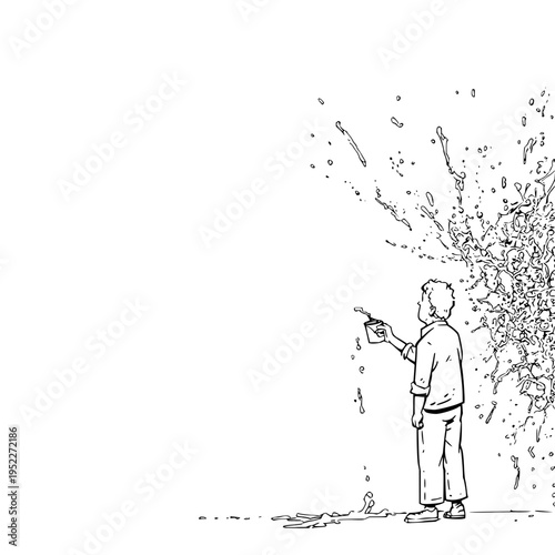 Minimalist line art illustration of a young boy holding a cup and creating an explosive splash of liquid against a blank white background in a simple sketch style