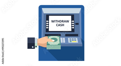 An illustration of a hand inserting a card into an atm to withdraw cash, Generative AI.