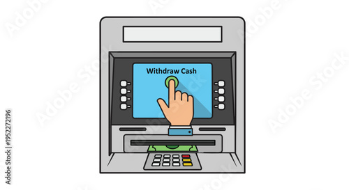 An illustration of a hand pressing a button on an atm machine screen to withdraw cash from a bank account, Generative AI.