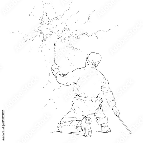 A male worker in protective gear performs industrial welding on a metal surface creating bright sparks in a minimalist black and white line art illustration style drawing