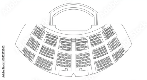 Theater seating plan with rows and seats in a semi circular arrangement, Generative AI.