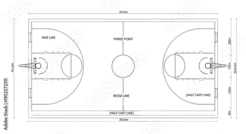 Technical drawing of a basketball court with detailed measurements and markings, Generative AI.