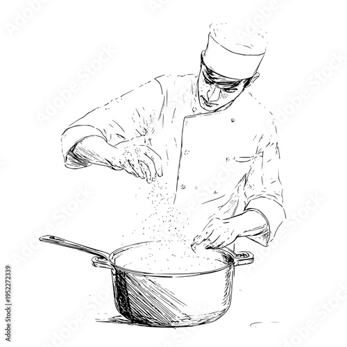 Professional chef character sketch seasoning food in a cooking pot artistic hand drawn illustration for culinary concepts and restaurant menu design projects concept art
