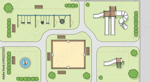 Aerial view of a playground with swings and slides on green grass, Generative AI.