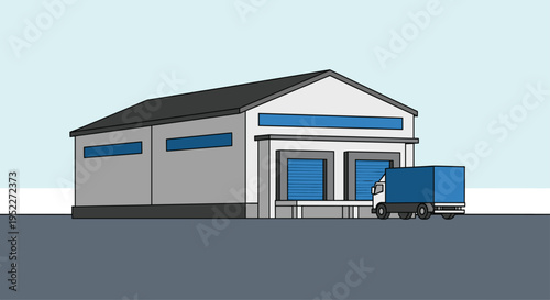 A blue truck is parked in front of a gray warehouse building with blue accents and a black roof on a gray road, Generative AI.