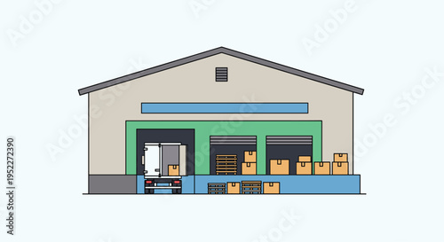 A colorful illustration of a warehouse with boxes and pallets on the loading dock outside, Generative AI.