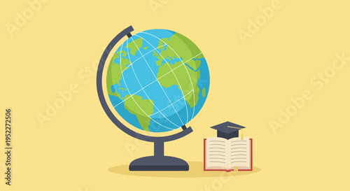 A colorful illustration of a globe with a book and graduation cap on a yellow background for educational concepts, Generative AI.
