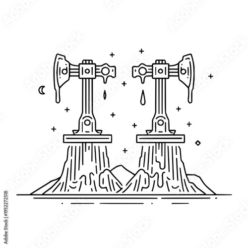 Minimalist line art illustration featuring dual industrial oil pump jacks standing over rocky terrain under a starry night sky with crescent moon for industrial concepts