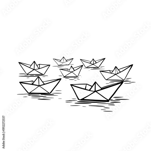 Minimalist hand drawn illustration of multiple paper boats floating on water representing creative playful exploration and childhood imagination in a simple line art style