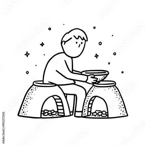 Minimalist hand drawn illustration of a person sitting between two rustic kilns while crafting pottery with a bowl featuring clean black outlines and a whimsical style
