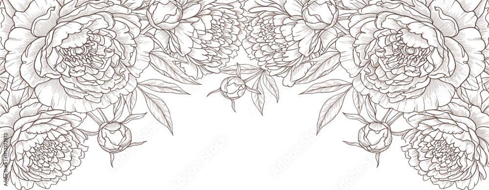 Fototapeta premium Graceful blossoming peonies adorn this delicate line art border, intertwining nature's beauty with sophisticated decorative artistry for refined designs