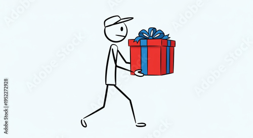 Stick figure delivery person carrying a large red gift box with blue ribbon.