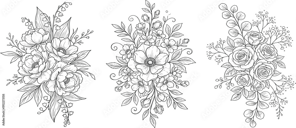 Fototapeta premium Elegant floral arrangements in delicate line art style, showcasing blooming flowers and foliage with intricate details, perfect for decorative and artistic applications