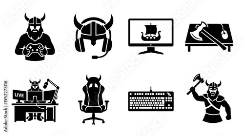 Viking Gamer Lifestyle Vector Icon Set – Epic Vectors Featuring Horned Headsets, Battle Keyboards, Streaming Thrones, Axe Desks, Gaming Chairs, and Norse Console Warriors