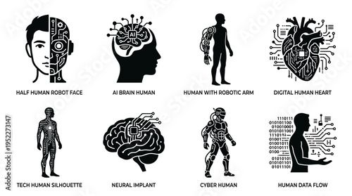 Cyborg Human Evolution Vector Icon Set – Futuristic Vectors Featuring Robotic Faces, Neural Implants, Digital Hearts, Tech Limbs, AI Brains, and Cybernetic Silhouettes
