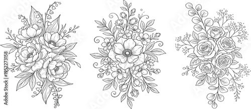 Elegant floral arrangements in delicate line art style, showcasing blooming flowers and foliage with intricate details, perfect for decorative and artistic applications