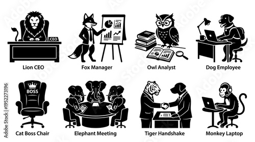 Animal Business Team Vector Icon Set – Fun Vectors Featuring Lion Leaders, Fox Presenters, Owl Analysts, Dog Coders, Cat CEOs, Monkey Developers, and Tiger Handshakes