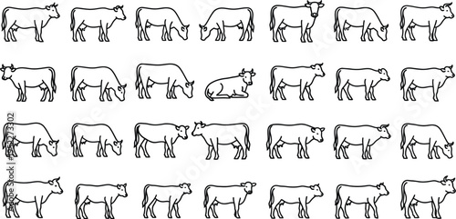 Cow outline vector set line art farm animals in various poses