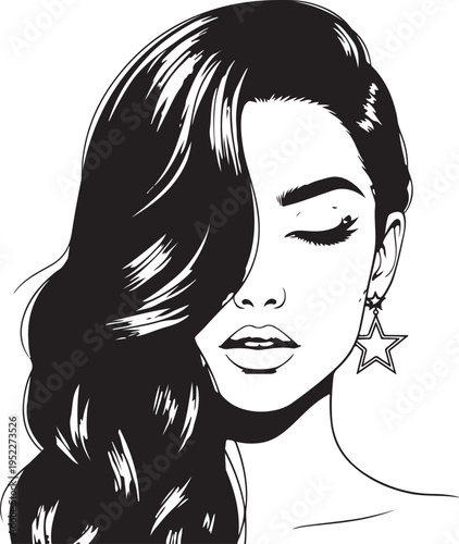 Hand-drawn girl with silky hair and luxurious eye with perfectly shaped eyebrows and full lashes. Idea for business visit card, typography vector. Perfect salon look