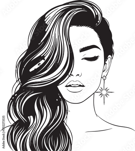 Hand-drawn girl with silky hair and luxurious eye with perfectly shaped eyebrows and full lashes. Idea for business visit card, typography vector. Perfect salon look