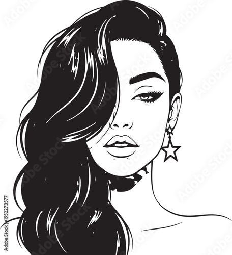 Hand-drawn girl with silky hair and luxurious eye with perfectly shaped eyebrows and full lashes. Idea for business visit card, typography vector. Perfect salon look