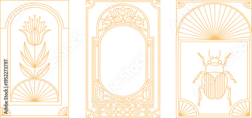 Elegant Egyptian-inspired decorative frames with stylized floral and scarab beetle motifs in a warm amber hue
