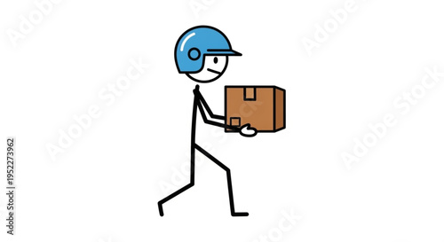 Stick figure delivery person carrying a package wearing a helmet.