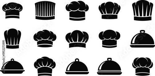 Chef Hat and Serving Cloche Silhouette Icon Set with Culinary Kitchen Elements for Restaurant and Food Service Design Isolated on White Background