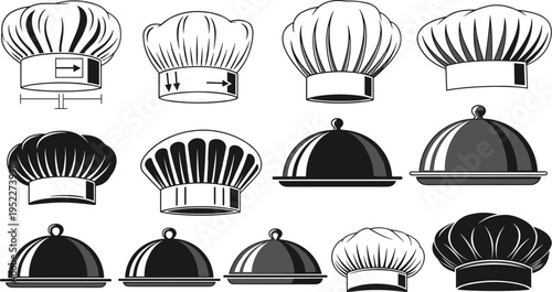 Chef Hat and Food Serving Cloche Icon Set with Culinary Kitchen Elements in Vintage and Modern Styles Isolated on White Background