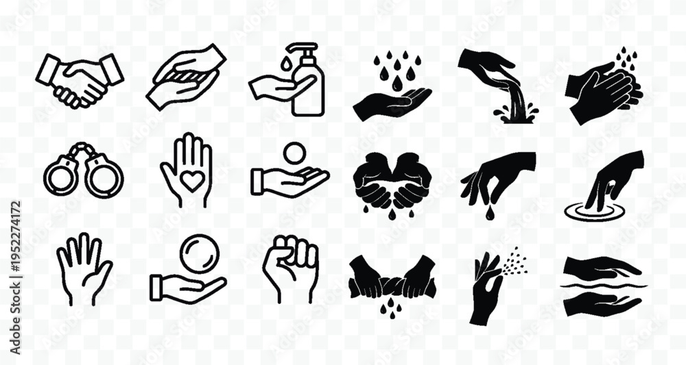 Fototapeta premium Collection of various hand gestures and actions in black and white