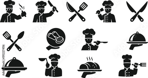 Chef Cooking Silhouette Icon Set with Kitchen Utensils Food Preparation Knife Fork and Restaurant Service Elements Isolated on White Background