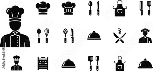 Chef and Cooking Icon Set with Kitchen Utensils Hat Apron Knife and Restaurant Service Elements in Solid Silhouette Style Isolated on White Background