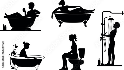 Bathroom routine silhouettes collection set, women bathing showering relaxing in bathtub and sitting on toilet isolated on white background, hygiene wellness and daily lifestyle concept