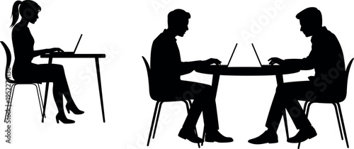 Business people working on laptops silhouettes set, office employees typing at desk in professional poses isolated on white background, remote work and corporate concept