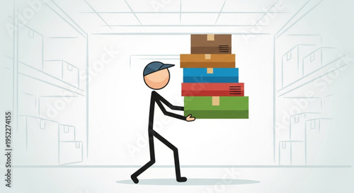 Stick figure delivery person carrying a stack of colorful boxes.
