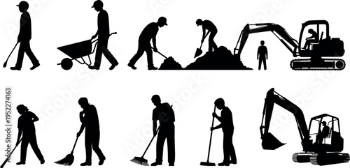 Construction worker silhouettes and excavator machinery set, builders digging sweeping and transporting materials in industrial job poses isolated on white background, labor engineering concept