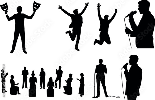 Entertainment performer silhouettes collection set, singer jumping actor with theater masks and audience figures isolated on white background, stage performance show and artistic expression concept