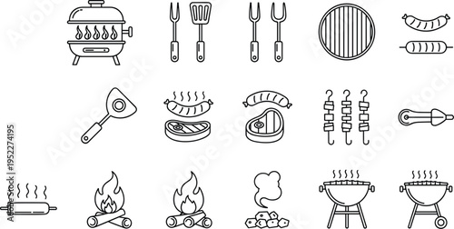 Barbecue and Grill Icon Set with BBQ Equipment Sausage Skewers Fire Flame and Cooking Tools in Outline Style Isolated on White Background
