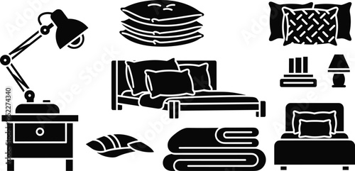 Bedroom Furniture and Home Decor Icon Set with Bed Lamp Pillows Blanket and Interior Elements in Solid Silhouette Style Isolated on White Background