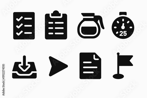 Daily Workflow Icons. Daily workflow essentials. Filled icon set of daily workflow essentials: to-do list,