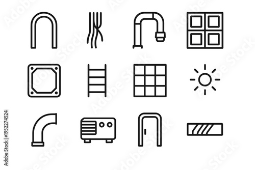 Tech Alley Icons. Tech alley elements. Line outline icon set of tech alley elements: narrow corridor arch,