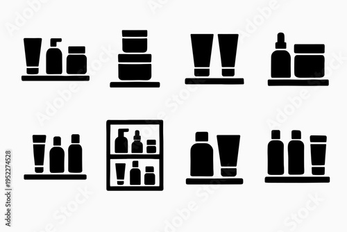 Beauty Product Icons. Beauty Shelf Displays. Filled icon set of Beauty Shelf Displays: product row, jar stack,