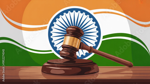 Indian law gavel on wooden desk with national flag background symbolizing justice and legal system