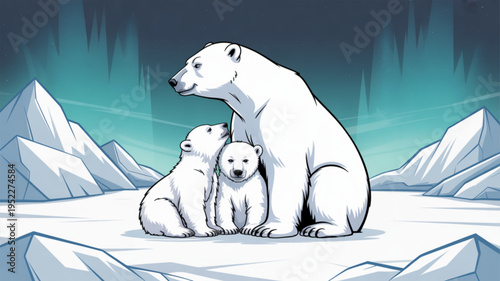 Polar bear family with cubs in arctic landscape with mountains and northern lights
