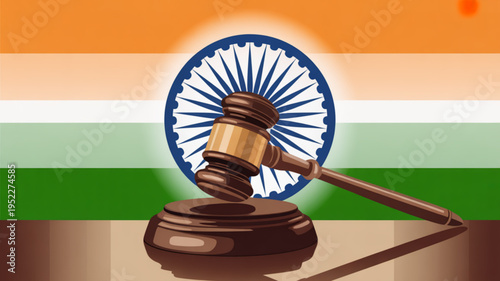 Indian law gavel and sound block with national flag background symbolizing justice and legal system